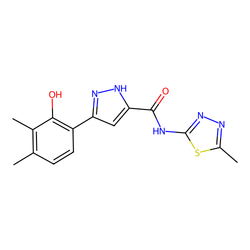 5-(2-hydroxy-3,4-dimethylphenyl)-N-(5-methyl-1,3,4-thiadiazol-2-yl)-1H-pyrazole-3-carboxamide structure
