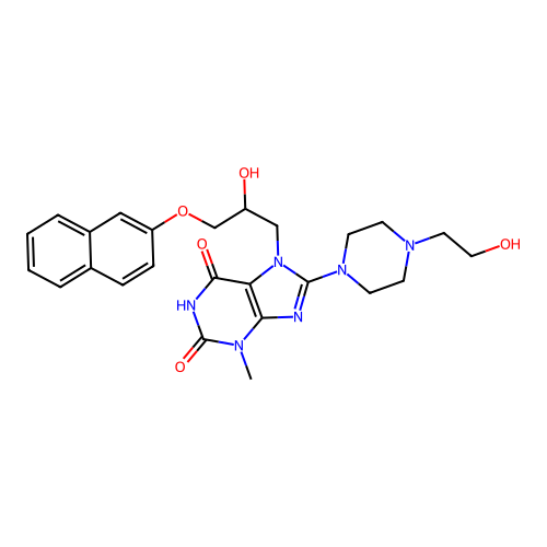 7-(2-hydroxy-3-(naphthalen-2-yloxy)propyl)-8-(4-(2-hydroxyethyl)piperazin-1-yl)-3-methyl-1H-purine-2,6(3H,7H)-dione structure