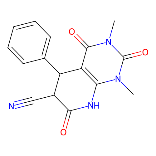 1,3-dimethyl-2,4,7-trioxo-5-phenyl-6,8-dihydro-5H-pyrido[2,3-d]pyrimidine-6-carbonitrile structure