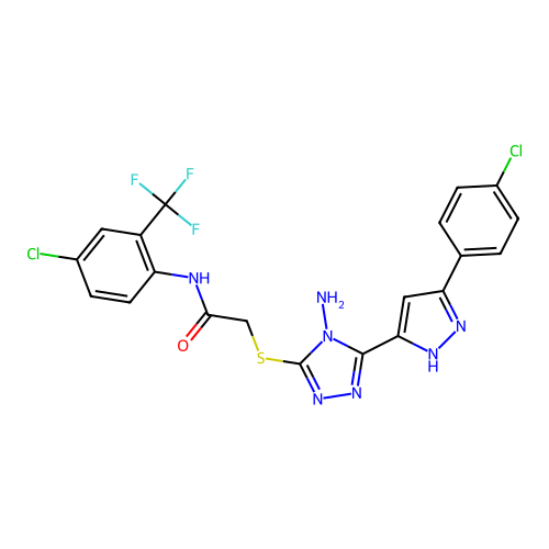 2-((4-amino-5-(3-(4-chlorophenyl)-1H-pyrazol-5-yl)-4H-1,2,4-triazol-3-yl)thio)-N-(4-chloro-2-(trifluoromethyl)phenyl)acetamide structure