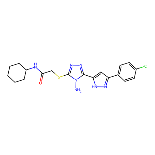 2-((4-amino-5-(3-(4-chlorophenyl)-1H-pyrazol-5-yl)-4H-1,2,4-triazol-3-yl)thio)-N-cyclohexylacetamide structure