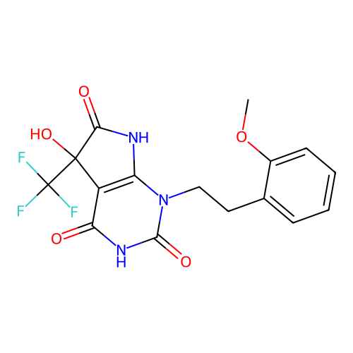 5-hydroxy-1-(2-methoxyphenethyl)-5-(trifluoromethyl)-1H-pyrrolo[2,3-d]pyrimidine-2,4,6(3H,5H,7H)-trione structure