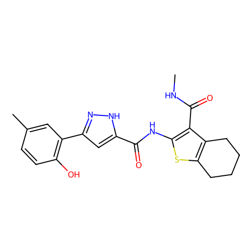 5-(2-hydroxy-5-methylphenyl)-N-[3-(methylcarbamoyl)-4,5,6,7-tetrahydro-1-benzothiophen-2-yl]-1H-pyrazole-3-carboxamide structure