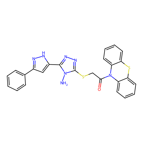 2-((4-amino-5-(3-phenyl-1H-pyrazol-5-yl)-4H-1,2,4-triazol-3-yl)thio)-1-(10H-phenothiazin-10-yl)ethanone structure