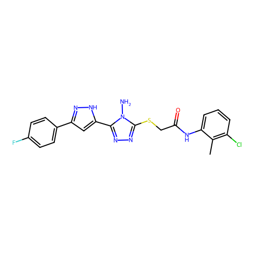 2-((4-amino-5-(3-(4-fluorophenyl)-1H-pyrazol-5-yl)-4H-1,2,4-triazol-3-yl)thio)-N-(3-chloro-2-methylphenyl)acetamide structure