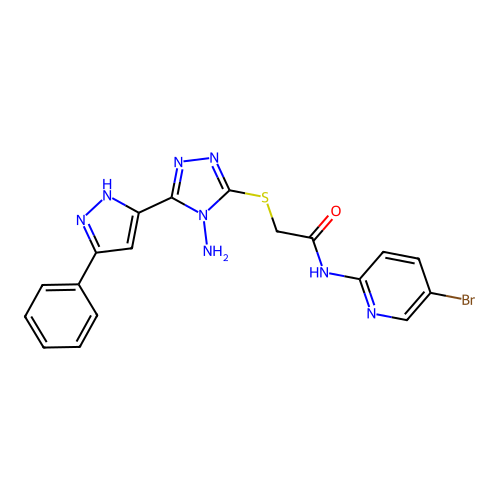 2-((4-amino-5-(3-phenyl-1H-pyrazol-5-yl)-4H-1,2,4-triazol-3-yl)thio)-N-(5-bromopyridin-2-yl)acetamide structure