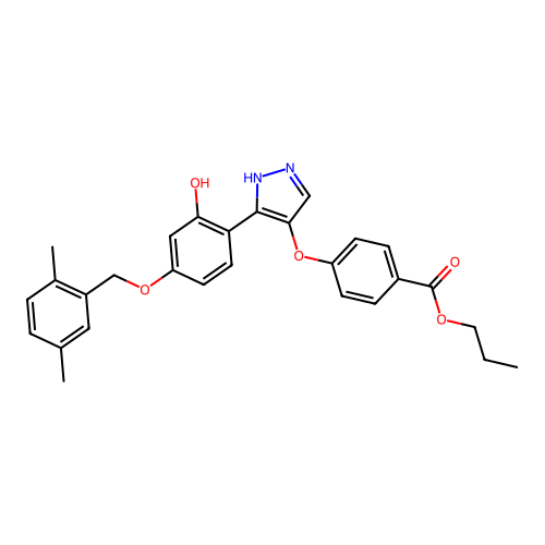 propyl 4-((3-(4-((2,5-dimethylbenzyl)oxy)-2-hydroxyphenyl)-1H-pyrazol-4-yl)oxy)benzoate structure