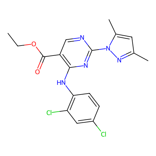 ethyl 4-(2,4-dichloroanilino)-2-(3,5-dimethylpyrazol-1-yl)pyrimidine-5-carboxylate structure