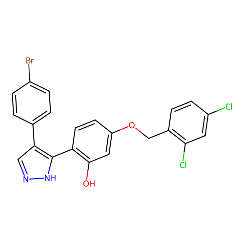 2-[4-(4-bromophenyl)-1H-pyrazol-5-yl]-5-[(2,4-dichlorobenzyl)oxy]phenol structure