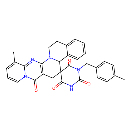 12-methyl-1'-(4-methylbenzyl)-15,16-dihydro-1'H,4bH-spiro[pyrido[1'',2'':1',2']pyrimido[5',4':5,6]pyrido[2,1-a]isoquinoline-5,5'-pyrimidine]-2',4',6',7(3'H,6H)-tetraone structure