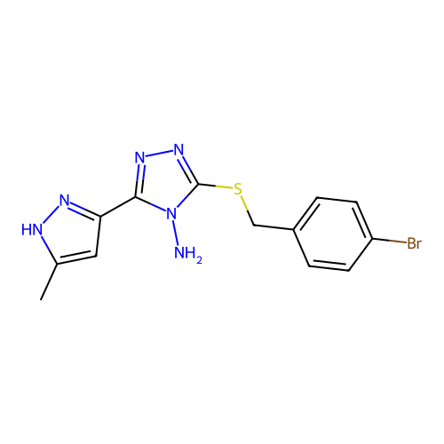 3-((4-bromobenzyl)thio)-5-(3-methyl-1H-pyrazol-5-yl)-4H-1,2,4-triazol-4-amine structure