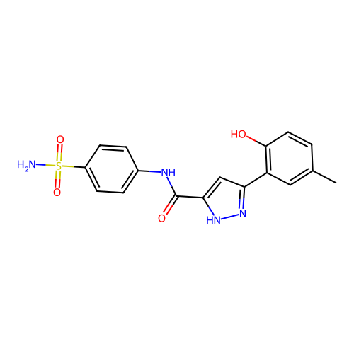 5-(2-hydroxy-5-methylphenyl)-N-(4-sulfamoylphenyl)-1H-pyrazole-3-carboxamide structure