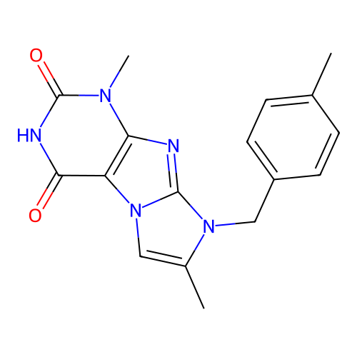1,7-dimethyl-8-[(4-methylphenyl)methyl]-1,3,5-trihydro-4-imidazolino[1,2-h]pur ine-2,4-dione structure