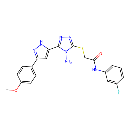 2-((4-amino-5-(3-(4-methoxyphenyl)-1H-pyrazol-5-yl)-4H-1,2,4-triazol-3-yl)thio)-N-(3-fluorophenyl)acetamide structure