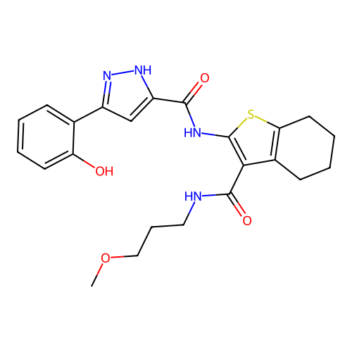 (5Z)-N-[3-(3-methoxypropylcarbamoyl)-4,5,6,7-tetrahydro-1-benzothiophen-2-yl]-5-(6-oxocyclohexa-2,4-dien-1-ylidene)-1,2-dihydropyrazole-3-carboxamide structure