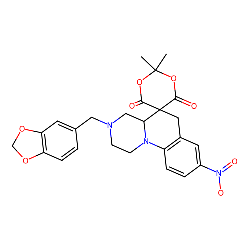 3'-(1,3-benzodioxol-5-ylmethyl)-2,2-dimethyl-8'-nitro-2',3',4',4a'-tetrahydro-1'H,6'H-spiro[1,3-dioxane-5,5'-pyrazino[1,2-a]quinoline]-4,6-dione structure