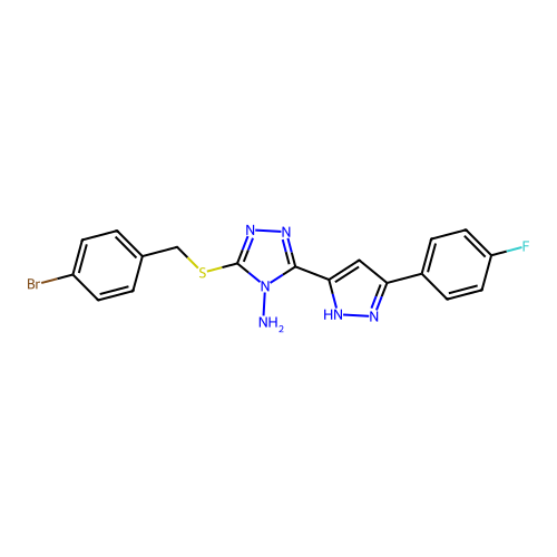 3-((4-bromobenzyl)thio)-5-(3-(4-fluorophenyl)-1H-pyrazol-5-yl)-4H-1,2,4-triazol-4-amine structure