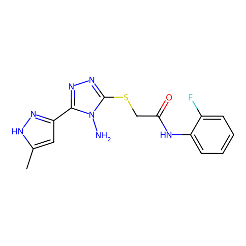 2-((4-amino-5-(3-methyl-1H-pyrazol-5-yl)-4H-1,2,4-triazol-3-yl)thio)-N-(2-fluorophenyl)acetamide structure