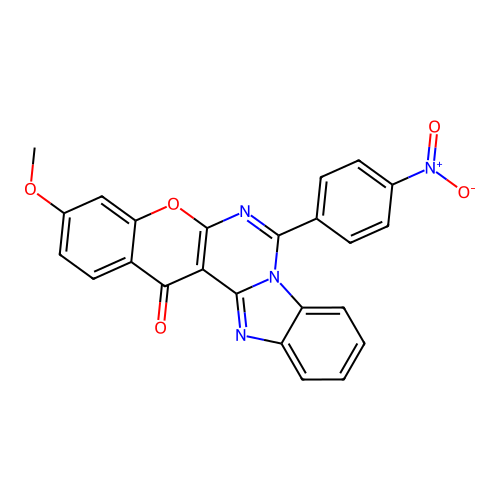 3-methoxy-7-(4-nitrophenyl)-14H-benzo[4,5]imidazo[1,2-c]chromeno[3,2-e]pyrimidin-14-one structure