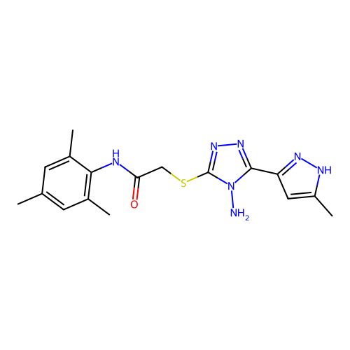 2-((4-amino-5-(3-methyl-1H-pyrazol-5-yl)-4H-1,2,4-triazol-3-yl)thio)-N-mesitylacetamide structure