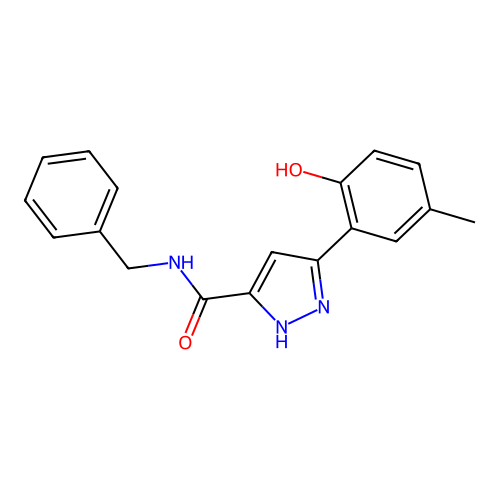 (5E)-N-benzyl-5-(3-methyl-6-oxocyclohexa-2,4-dien-1-ylidene)-1,2-dihydropyrazole-3-carboxamide structure