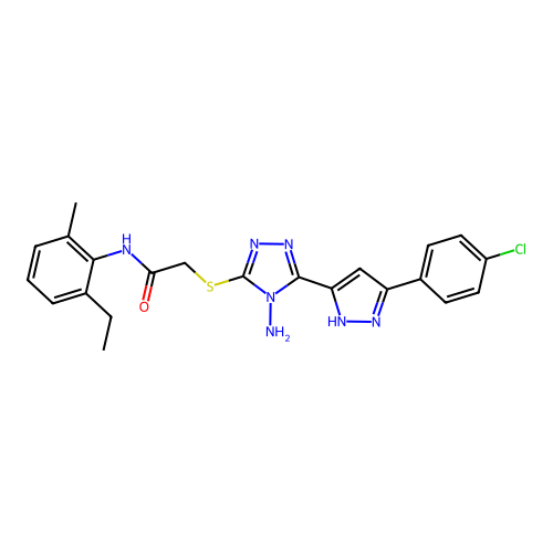 2-((4-amino-5-(3-(4-chlorophenyl)-1H-pyrazol-5-yl)-4H-1,2,4-triazol-3-yl)thio)-N-(2-ethyl-6-methylphenyl)acetamide structure