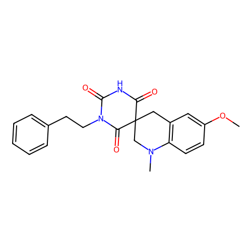 6'-methoxy-1'-methyl-1-phenethyl-2',4'-dihydro-1H,1'H-spiro[pyrimidine-5,3'-quinoline]-2,4,6(3H)-trione structure