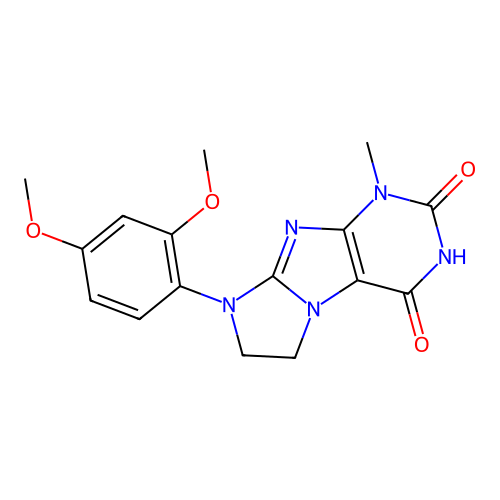 8-(2,4-dimethoxyphenyl)-4-hydroxy-1-methyl-7,8-dihydro-1H-imidazo[2,1-f]purin-2(6H)-one structure