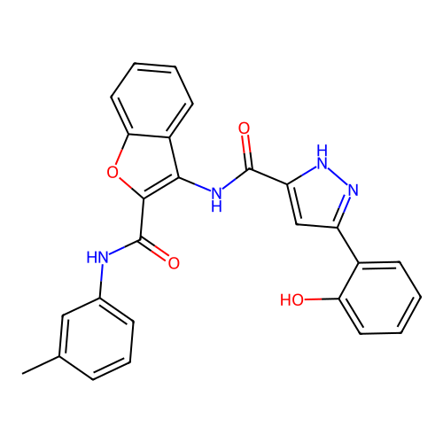 5-(2-hydroxyphenyl)-N-{2-[(3-methylphenyl)carbamoyl]-1-benzofuran-3-yl}-1H-pyrazole-3-carboxamide structure