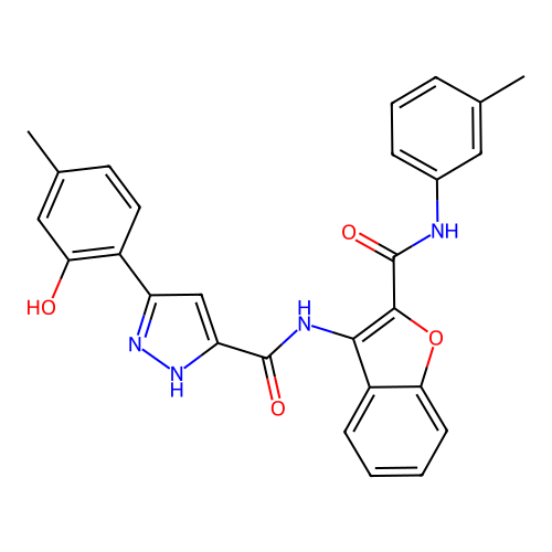 5-(2-hydroxy-4-methylphenyl)-N-{2-[(3-methylphenyl)carbamoyl]-1-benzofuran-3-yl}-1H-pyrazole-3-carboxamide structure