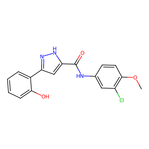 N-(3-chloro-4-methoxyphenyl)-5-(2-hydroxyphenyl)-1H-pyrazole-3-carboxamide structure