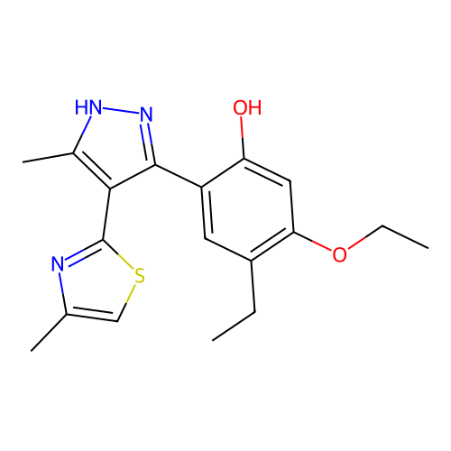 5-ethoxy-4-ethyl-2-(5-methyl-4-(4-methylthiazol-2-yl)-1H-pyrazol-3-yl)phenol structure
