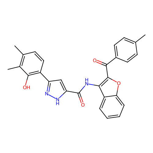 5-(2-hydroxy-3,4-dimethylphenyl)-N-{2-[(4-methylphenyl)carbonyl]-1-benzofuran-3-yl}-1H-pyrazole-3-carboxamide structure