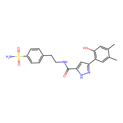 5-(2-hydroxy-4,5-dimethylphenyl)-N-[2-(4-sulfamoylphenyl)ethyl]-1H-pyrazole-3-carboxamide structure