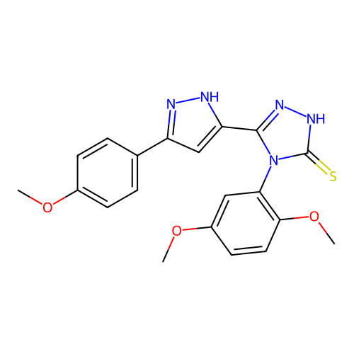 4-(2,5-dimethoxyphenyl)-3-[3-(4-methoxyphenyl)-1H-pyrazol-5-yl]-1H-1,2,4-triazole-5-thione structure