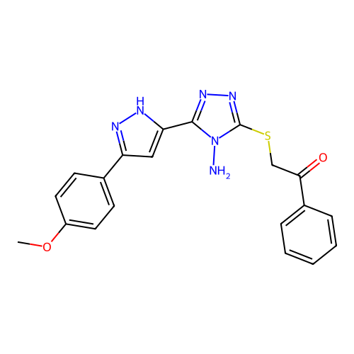 2-((4-amino-5-(3-(4-methoxyphenyl)-1H-pyrazol-5-yl)-4H-1,2,4-triazol-3-yl)thio)-1-phenylethanone structure