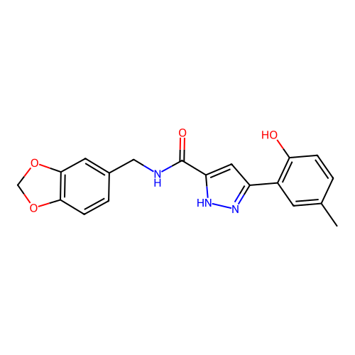 (5E)-N-(1,3-benzodioxol-5-ylmethyl)-5-(3-methyl-6-oxocyclohexa-2,4-dien-1-ylidene)-1,2-dihydropyrazole-3-carboxamide structure