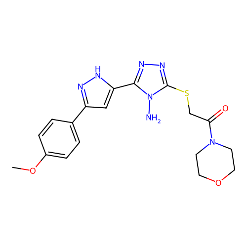 2-((4-amino-5-(3-(4-methoxyphenyl)-1H-pyrazol-5-yl)-4H-1,2,4-triazol-3-yl)thio)-1-morpholinoethanone structure