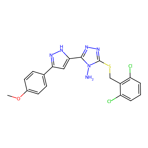 3-((2,6-dichlorobenzyl)thio)-5-(3-(4-methoxyphenyl)-1H-pyrazol-5-yl)-4H-1,2,4-triazol-4-amine structure