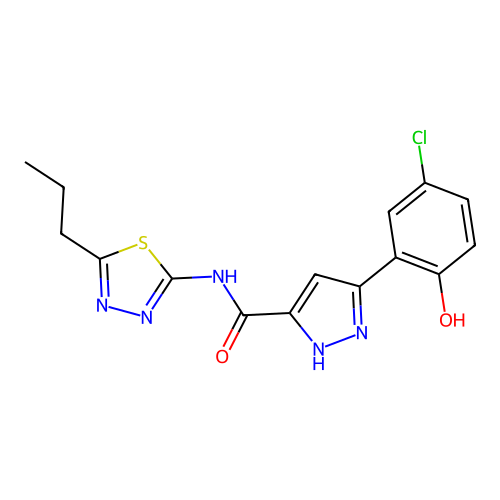 5-(5-chloro-2-hydroxyphenyl)-N-(5-propyl-1,3,4-thiadiazol-2-yl)-1H-pyrazole-3-carboxamide structure