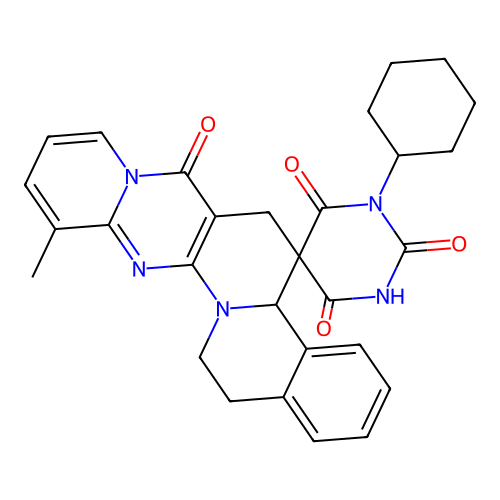 1'-cyclohexyl-12-methyl-15,16-dihydro-1'H,4bH-spiro[pyrido[1'',2'':1',2']pyrimido[5',4':5,6]pyrido[2,1-a]isoquinoline-5,5'-pyrimidine]-2',4',6',7(3'H,6H)-tetraone structure