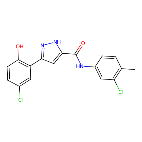 5-(5-chloro-2-hydroxyphenyl)-N-(3-chloro-4-methylphenyl)-1H-pyrazole-3-carboxamide structure