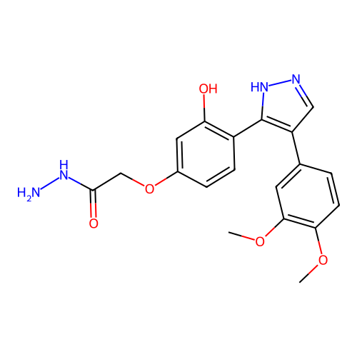 2-(4-(4-(3,4-dimethoxyphenyl)-1H-pyrazol-3-yl)-3-hydroxyphenoxy)acetohydrazide structure