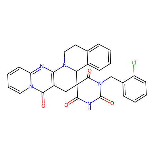 1'-(2-chlorobenzyl)-15,16-dihydro-1'H,4bH-spiro[pyrido[1'',2'':1',2']pyrimido[5',4':5,6]pyrido[2,1-a]isoquinoline-5,5'-pyrimidine]-2',4',6',7(3'H,6H)-tetraone structure