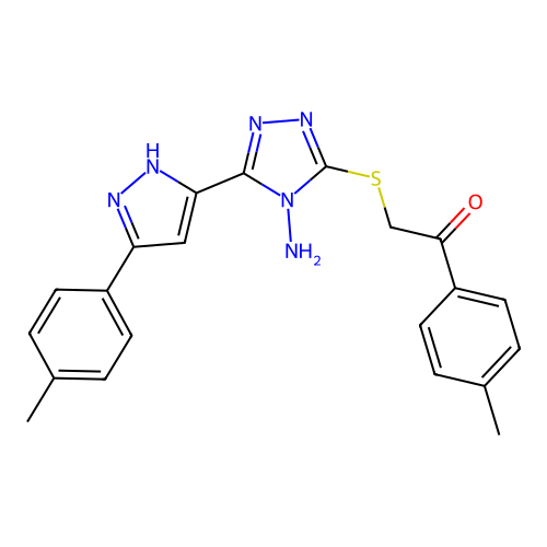 2-({4-amino-5-[5-(4-methylphenyl)-1H-pyrazol-3-yl]-4H-1,2,4-triazol-3-yl}sulfanyl)-1-(4-methylphenyl)ethanone structure