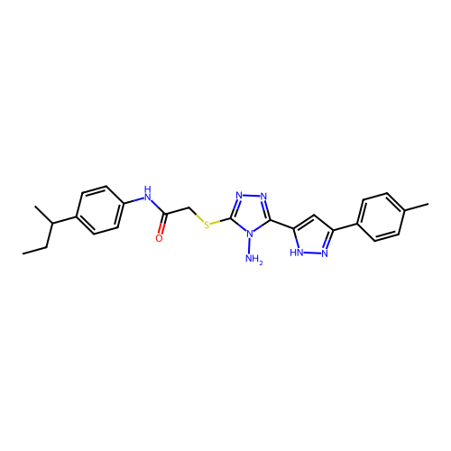 2-((4-amino-5-(3-(p-tolyl)-1H-pyrazol-5-yl)-4H-1,2,4-triazol-3-yl)thio)-N-(4-(sec-butyl)phenyl)acetamide structure