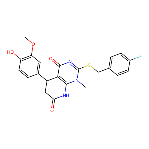 2-((4-fluorobenzyl)thio)-5-(4-hydroxy-3-methoxyphenyl)-1-methyl-5,6-dihydropyrido[2,3-d]pyrimidine-4,7(1H,8H)-dione structure