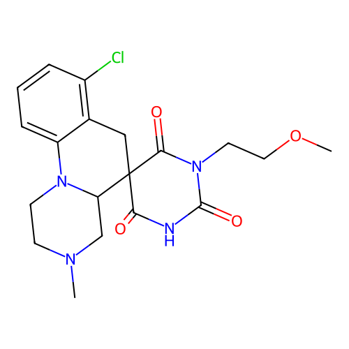 7'-chloro-1-(2-methoxyethyl)-3'-methylspiro[1,3-diazinane-5,5'-2,4,4a,6-tetrahydro-1H-pyrazino[1,2-a]quinoline]-2,4,6-trione structure