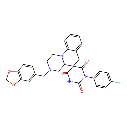 3'-(1,3-benzodioxol-5-ylmethyl)-1-(4-fluorophenyl)spiro[1,3-diazinane-5,5'-2,4,4a,6-tetrahydro-1H-pyrazino[1,2-a]quinoline]-2,4,6-trione structure