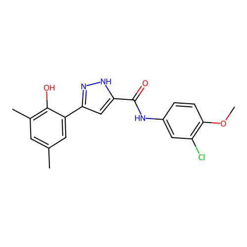(5E)-N-(3-chloro-4-methoxyphenyl)-5-(3,5-dimethyl-6-oxocyclohexa-2,4-dien-1-ylidene)-1,2-dihydropyrazole-3-carboxamide structure